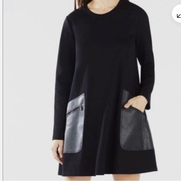 BCBGMaxAzria Long Sleeve Faux Leather Pocket Farah Shift Dress womens XS - Picture 3 of 9
